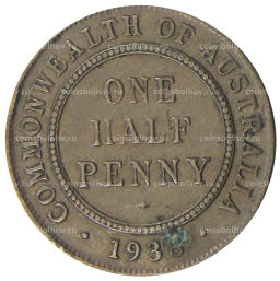 Монета 1/2 пенни 1938 года Австралия