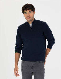 Lacivert Slim Fit Fermuarl_ Dik Yaka Triko Kazak