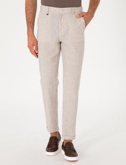 Bej Carrot Fit Ekose %100 Keten Spor Pantolon - Cacharel фото 2