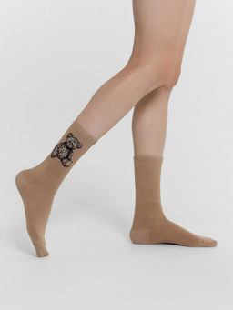 Цена за 5 пар! Носки женские коричневые с рисунком в виде мишки капучино 217K-2894