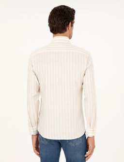 Бежевая рубашка приталенного кроя в полоску из смесового льна - Cacharel фото 5