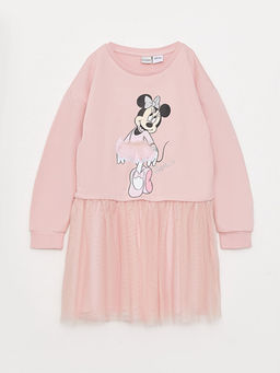 Bisiklet Yaka Minnie Mouse Bask?l? Uzun Kollu K?z ?ocuk Elbise