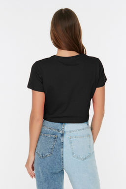 Mor-Antrasit 2li Paket %100 Pamuk Crop Bisiklet Yaka Orme T-Shirt TWOSS20TS1480