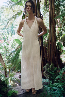 VESTIDO LARGO RAYAS HILO METALIZADO / Crudo / Marino