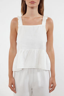 Ekru F?rf?r ve Baglama Detayl? Muslin Dokuma Pijama Tak?m? THMSS24PT00395