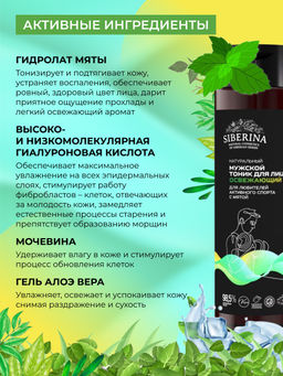 Мужской тоник для лица "Освежающий" с мятой для любителей активного спорта 200 мл SIBERINA