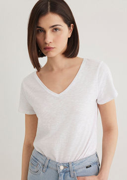 V Yaka Flaml? Beyaz Basic Tisort - Mavi фото 2