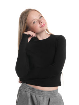 Лонгслив трикотажный спортивный с вырезом для пальца 22-7695 черный - Mini maxi фото 9