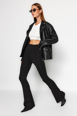 Siyah Beli Lastikli Nervurlu Flare/Ispanyol Paca Yuksek Bel Orme Tayt Pantolon TWOAW22PL0107