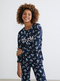 Bisiklet Yaka Stitch Bask?l? Kad?n Pijama Tak?m?