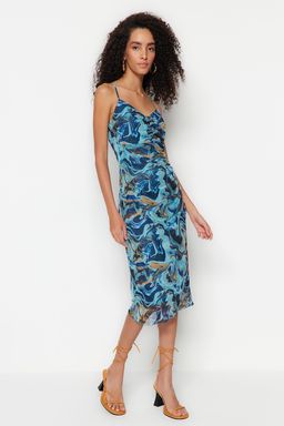 TRENDYOLMILLA Mavi Desenli Buzgulu Tul Bodycone/Vucuda Oturan Esnek Orme Elbise TWOSS23EL00646  фото 5