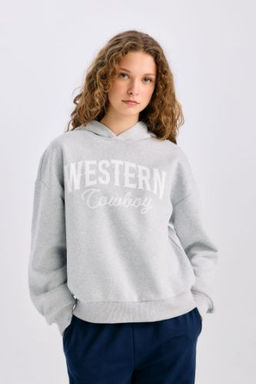 Oversize Genis Kal?p Kapusonlu Bask?l? Kal?n Sweatshirt Kumas? Sweatshirt