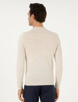 Bej Slim Fit Y_n Kar___ml_ _eyrek Bal_k__ Yaka Basic Triko Kazak
