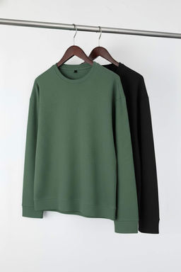 Siyah-Yesil 2li Paket %100 Pamuk Uzun Kol Regular/Normal Kesim T-Shirt TMNAW24TS00001