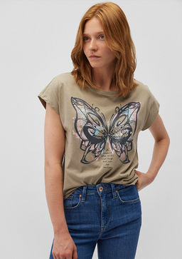 Kelebek Bask?l? Kahverengi Tisort