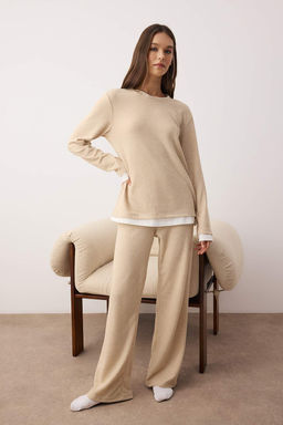 Bej Melanj Cift Katl? K?sl?k Yumos Orme Pijama Tak?m? THMAW26PT00154 - Trendyolmilla фото 2