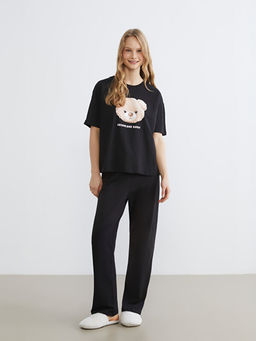 Bisiklet Yaka Ay? Bask?l? Kad?n Pijama Tak?m?