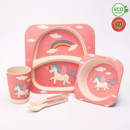 Набор бамбуковой посуды Единорог, тарелка, миска, стакан, приборы, 5 предметов
