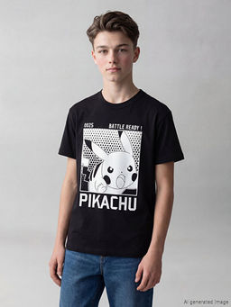 Bisiklet Yaka Pikachu Bask?l? Erkek ?ocuk Ti??rt