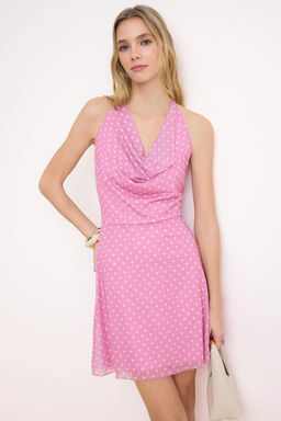 Pembe Puantiyeli A-Kesim/Can Form Degaje Yaka Dikis Detayl? Mini Tul Orme Elbise TWOSS26EL00209