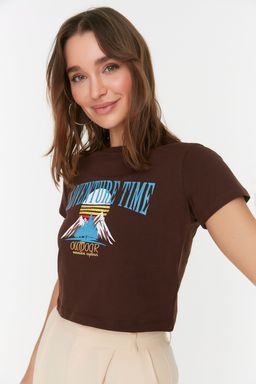Kahverengi %100 Pamuk Bask?l? Basic Crop Bisiklet Yaka Orme T-Shirt TWOSS22TS2190 - Trendyolmilla фото 2