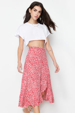 TRENDYOLMILLA K?rm?z? Bask?l? Buzgu Detayl? ve Volanl? Yuksek Bel Esnek Etek TWOSS21ET0029 фото 37