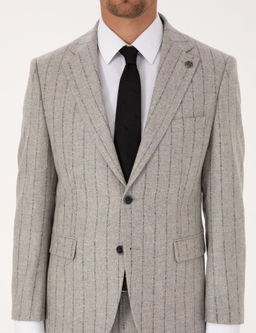 Gri Slim Fit Y_n Ka_mir Kar___ml_ _izgili Tak_m Elbise