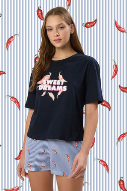 Trendyolmilla Beyaz %100 Pamuklu Cizgili Biber Desenli Sortlu Orme Pijama Tak?m? THMSS25PT00261