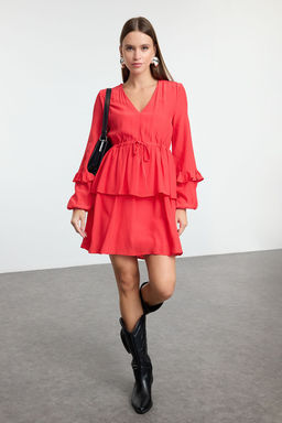 K?rm?z? More Sustainable Duz Kesim Genis Kal?p Mini Dokuma Elbise TWOAW25EL00564