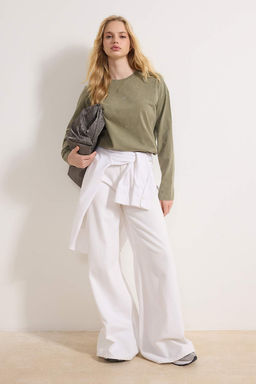 Haki Kal?n Pamuklu Eskitme Efektli Relaxed Kal?p Bisiklet Yaka Uzun Kol Orme T-Shirt TWOAW24TS00006