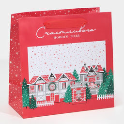 Пакет ламинированный квадратный Зима в городе, 22 22 11 см