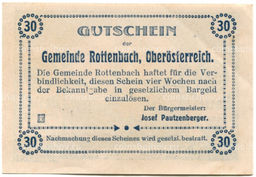 Банкнота 30 геллеров 1920 года Австрия  Роттенбах (нотгельд)