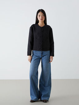 Bisiklet Yaka Kendinden Desenli Kad?n Ceket