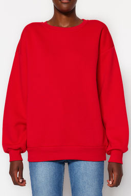 K?rm?z? Oversize/Rahat Kesim Basic Bisiklet Yaka Kal?n/Ici polarl? Orme Sweatshirt TWOAW24SW00102
