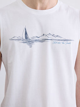 Bisiklet Yaka Bask?l? Erkek Kolsuz Ti??rt