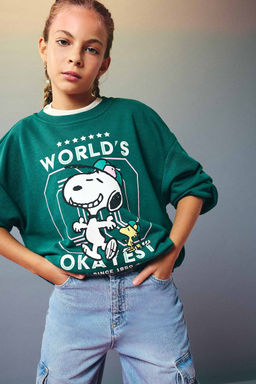 Snoopy Oversize Geni_ Kal_p Bisiklet Yaka Sweatshirt K_z _ocuk