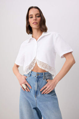 Beyaz Dantel Garnili Crop/K_sa Kesim G_mlek TWOSS26GO00195