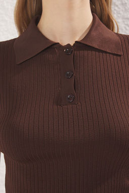 Siyah*001-Kahverengi Basic Polo Yaka Ikili Paket Triko Ince Bluz TWOSS25BZ00503