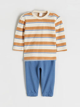 Bisiklet Yaka Uzun Kollu ?izgili Erkek Bebek Ti??rt ve E?ofman Alt? 2li