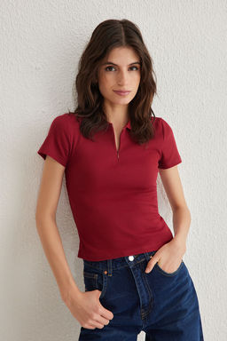 Ekru Fitted/Vucuda Oturan Polo Yaka Esnek Orme Bluz TWOSS25BZ00039 - Trendyolmilla фото 11