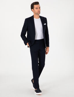 Lacivert Slim Fit Y_n Kar___ml_ Klasik Kuma_ Pantolon