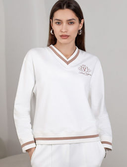 Свитшот среднего объема с V вырезом и принтом из футера двухнитки с эластаном