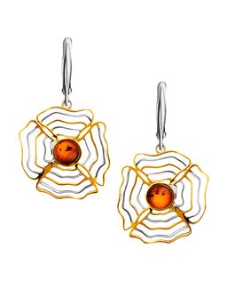 Нарядные серьги Адонис с натуральным коньячным янтарём