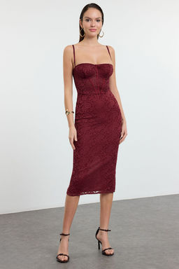 TRENDYOLMILLA Siyah Astarl? Dantel Orme Midi Elbise TPRAW25EL00120  фото 7