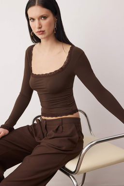 Siyah Dantel Detayl? Kare Yaka Orme Party Bluz TPRAW26BZ00045 - Trendyolmilla фото 5