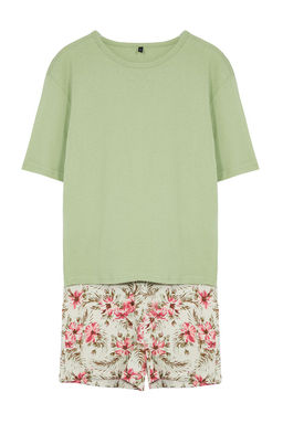 Yesil %100 Pamuklu Cicekli Sortlu Orme Pijama Tak?m? THMSS24PT00386