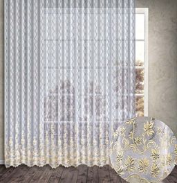 Арт. 342851/300, белоснежный фон, золотистая вышивка, класс ЛЮКС, ГОТОВЫЕ ШТОРЫ, ширина 500 см x высота 250 см (на шторной ленте)