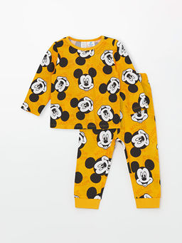 Bisiklet Yaka Uzun Kollu Mickey Mouse Bask?l? Erkek Bebek Pijama Tak?m?