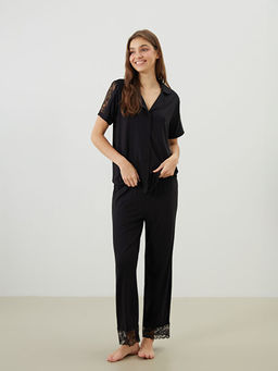 G?mlek Yaka Dantel Detayl? Kad?n Pijama Tak?m?