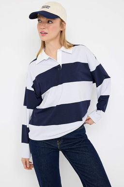 Lacivert Cizgili Polo Yaka Oversize/Genis Kal?p Orme Sweatshirt TWOAW26SW00051